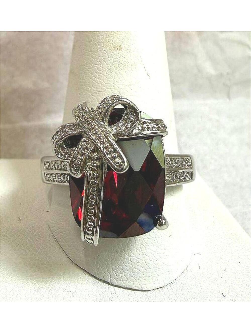 Vintage Style Silver Ring with Large Red Gemstone and Bow Accent 11.5